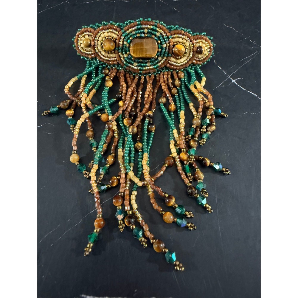 Native American Seed Beaded Fringed Hair Clip Green Brown w/Tigers Eye 3X4.5in